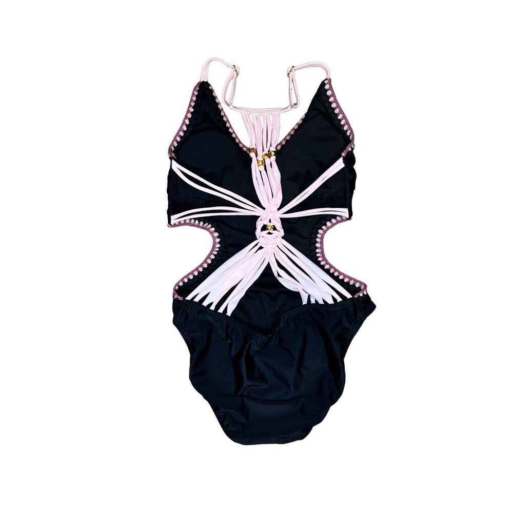 Ibiza swim bathing suit women’s Small one piece black with pink trim strappy